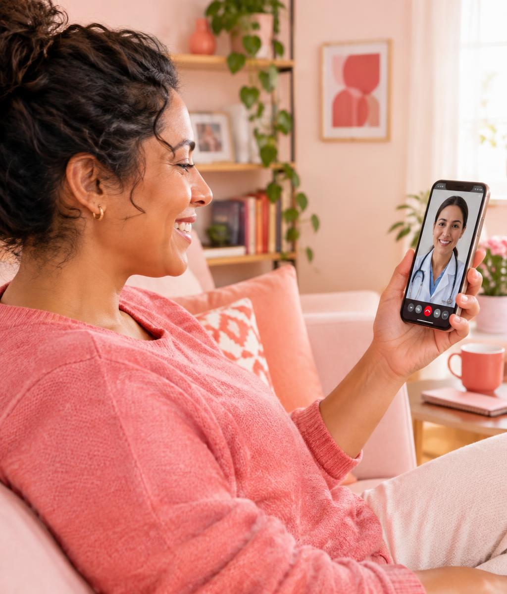 Mulher em consulta médica por vídeo no celular